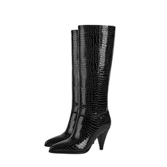 Black Stone Texture Pointed Toe Pencil Heel Knee High Boots