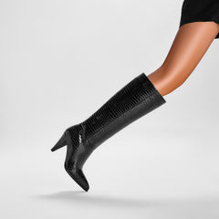 Black Stone Texture Pointed Toe Pencil Heel Knee High Boots
