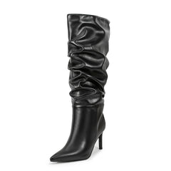 Black Pointed Toe Stiletto Heel Mid-calf Boots Slouch Boots