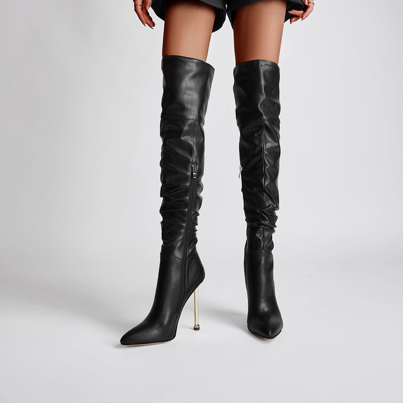 Black Pointed Toe Stiletto Heeled Over-the-Knee Slouch Boots