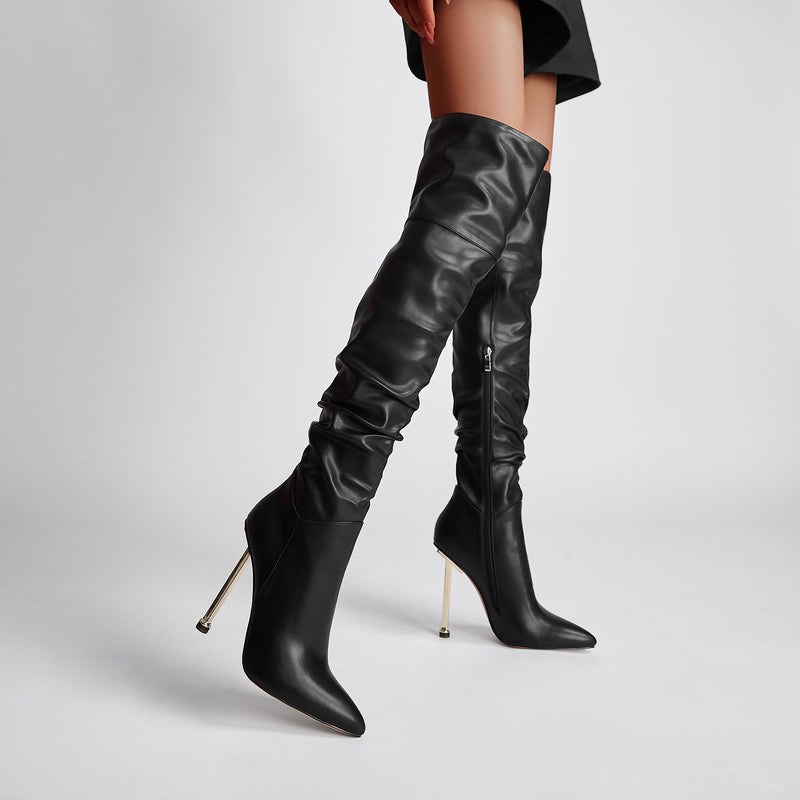 Black Pointed Toe Stiletto Heeled Over-the-Knee Slouch Boots