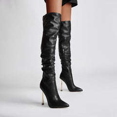 Black Pointed Toe Stiletto Heeled Over-the-Knee Slouch Boots