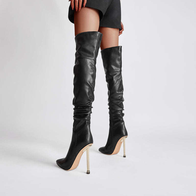 Black Pointed Toe Stiletto Heeled Over-the-Knee Slouch Boots