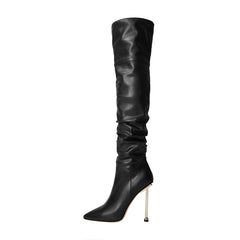 Black Pointed Toe Stiletto Heeled Over-the-Knee Slouch Boots