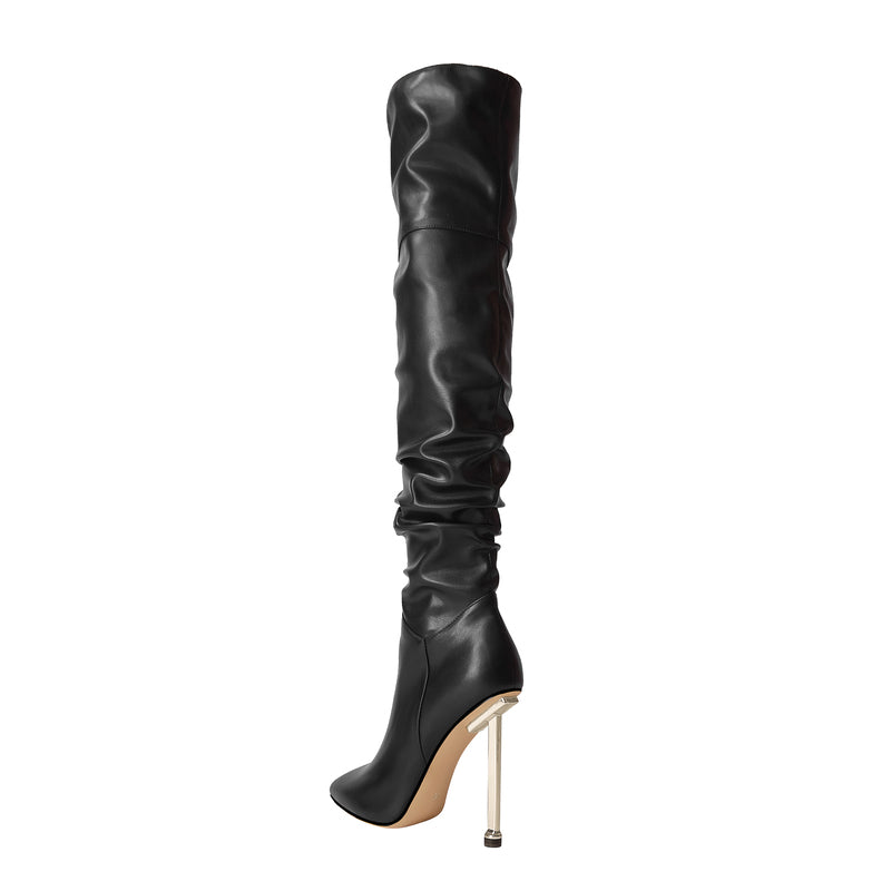 Black Pointed Toe Stiletto Heeled Over-the-Knee Slouch Boots