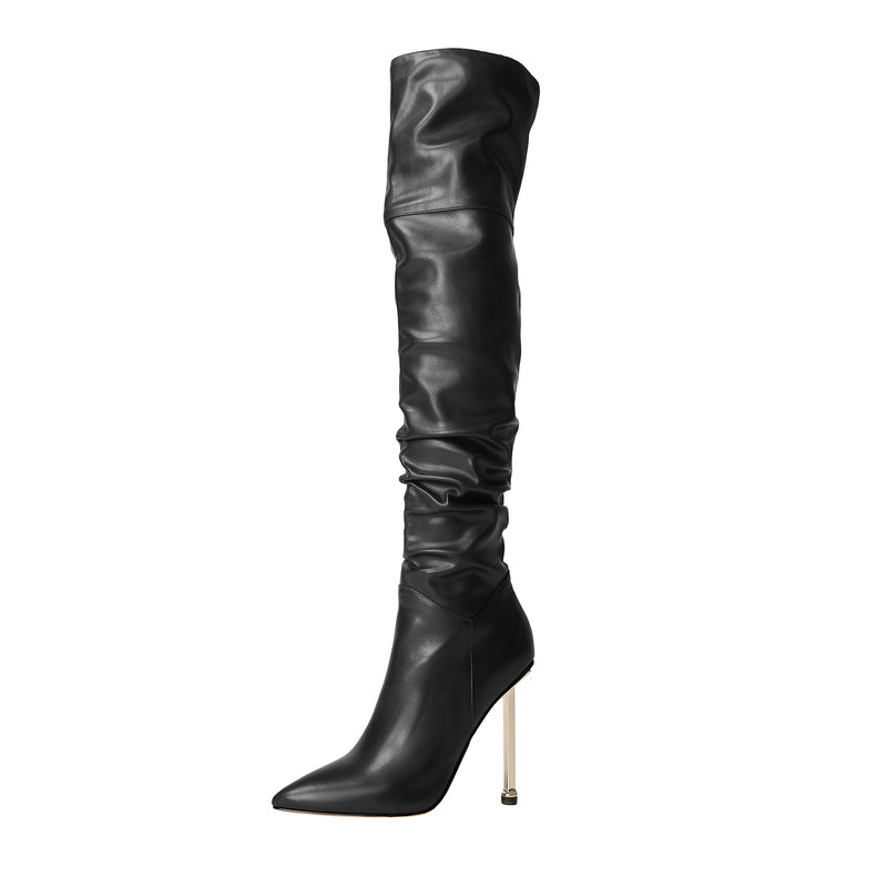 Black Pointed Toe Stiletto Heeled Over-the-Knee Slouch Boots