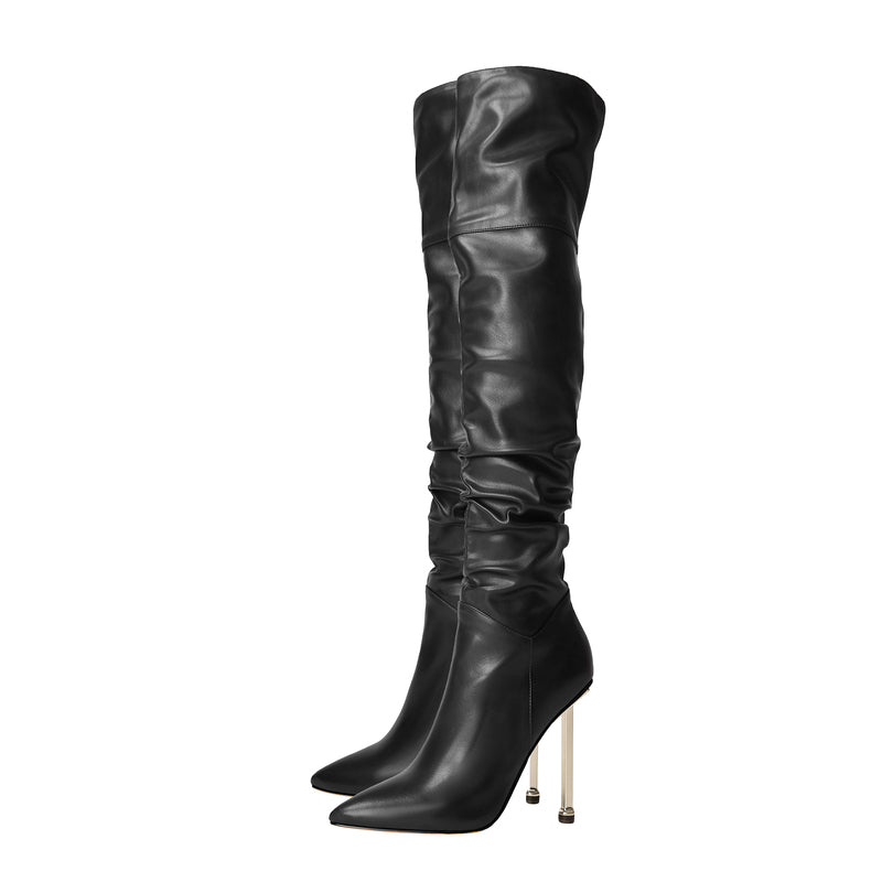 Black Pointed Toe Stiletto Heeled Over-the-Knee Slouch Boots