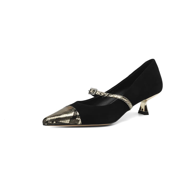 Schwarze Mary-Jane-Pumps aus Wildleder mit spitzer Zehenpartie und Kitten Heel