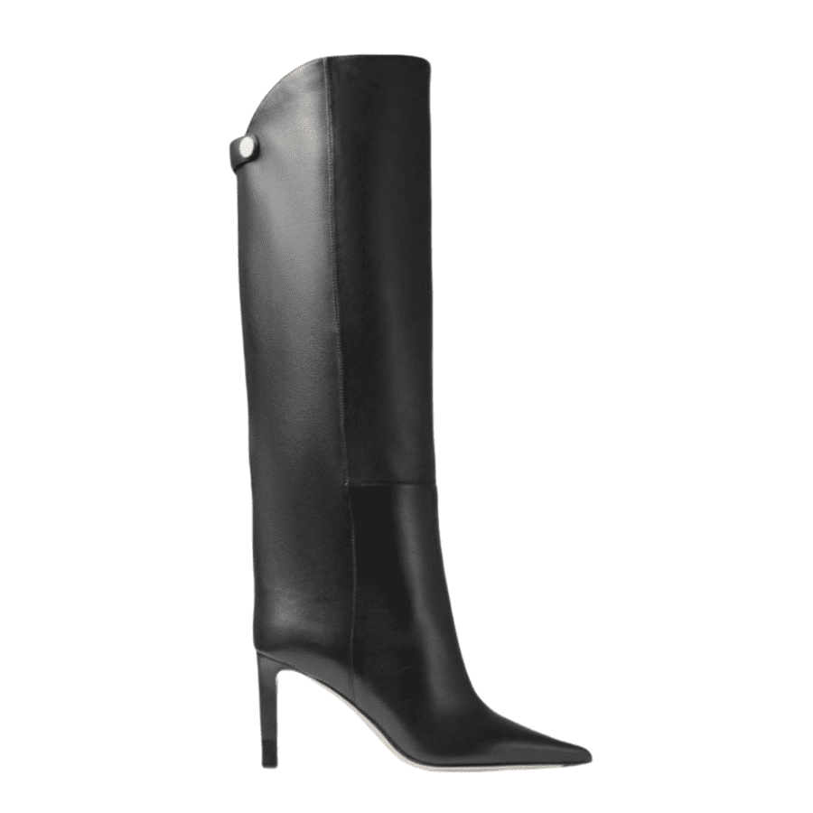 Schwarze kniehohe Stiefel mit spitzer Zehenpartie und 7,6 cm Stilettoabsatz