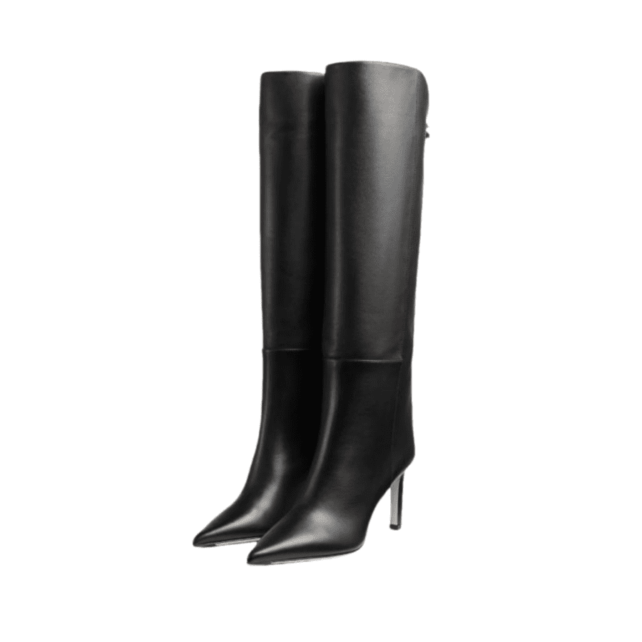 Schwarze kniehohe Stiefel mit spitzer Zehenpartie und 7,6 cm Stilettoabsatz