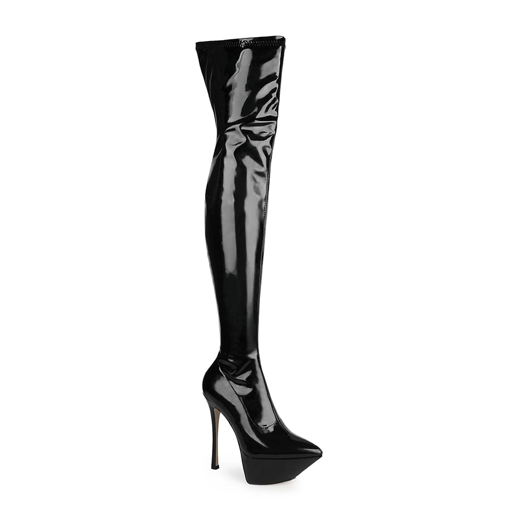 Bottes noires à talons aiguilles et bout pointu au-dessus du genou