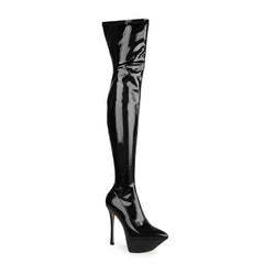 Bottes noires à talons aiguilles et bout pointu au-dessus du genou