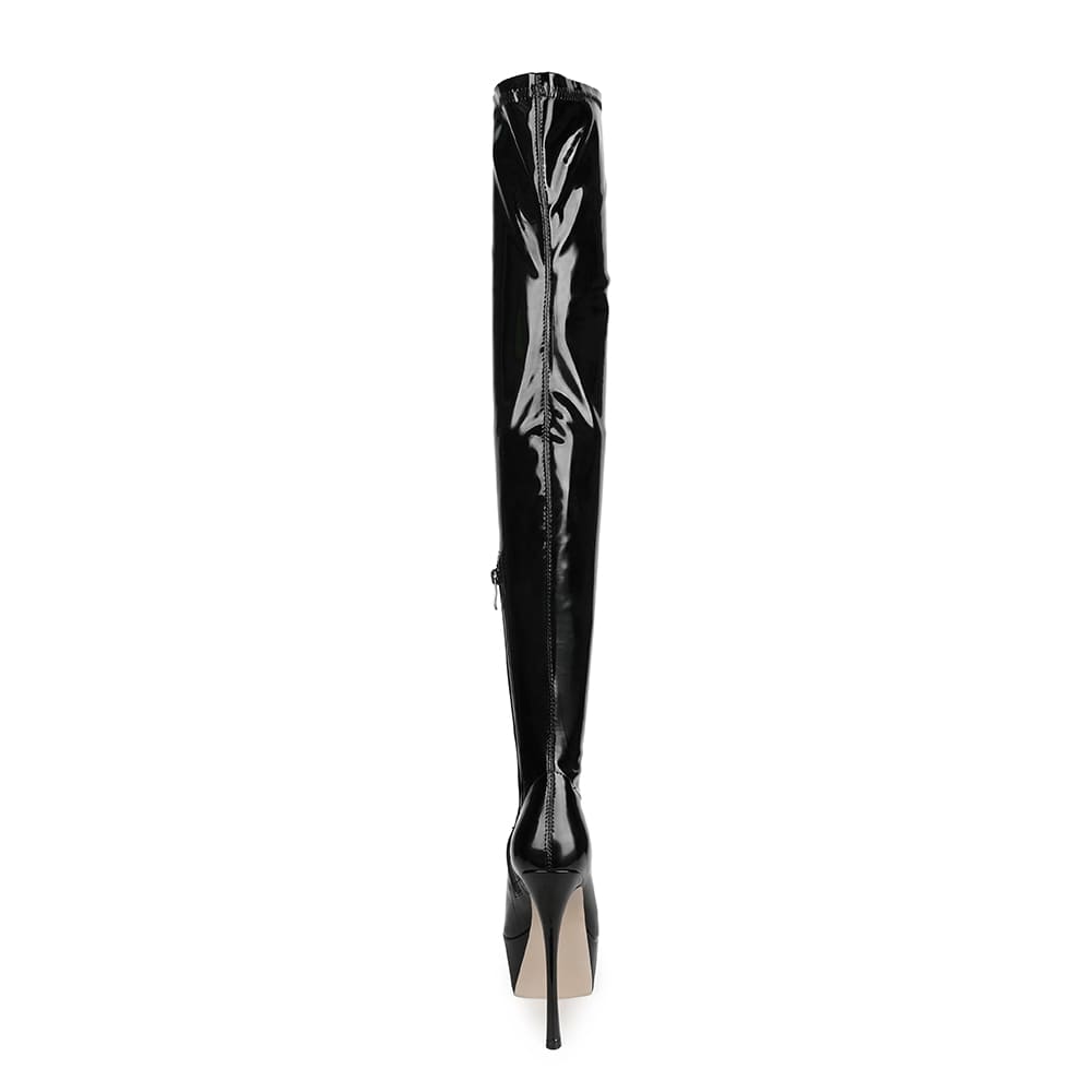 Bottes noires à talons aiguilles et bout pointu au-dessus du genou