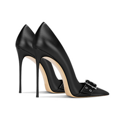 Black Pumps Women's Faux Leather Pointed-Toe Metal Buckle Stiletto Heel Sandals
