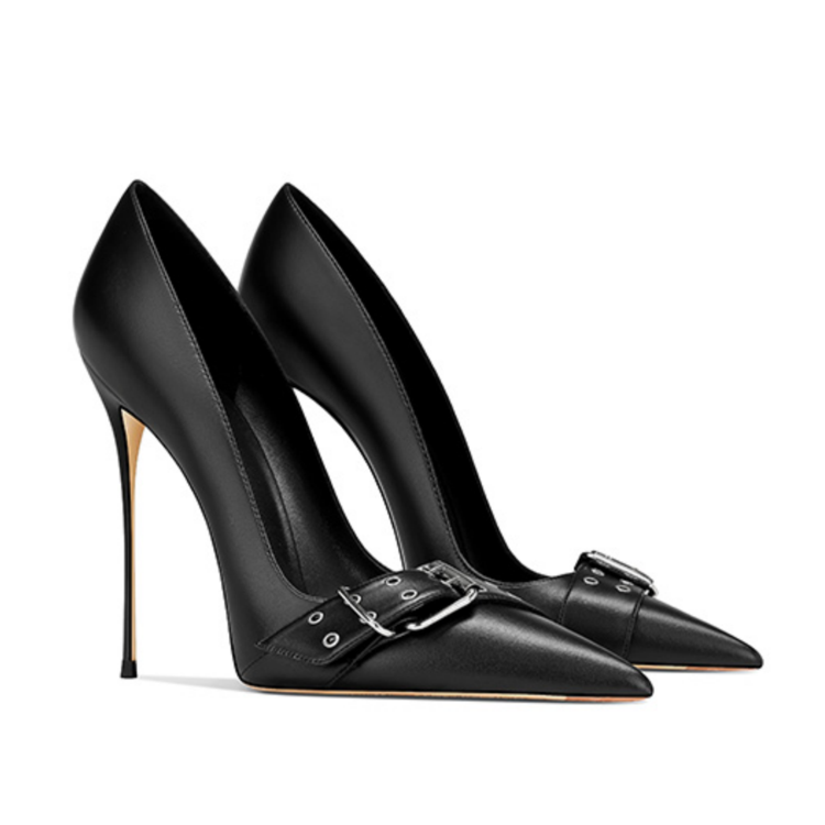 Black Pumps Women's Faux Leather Pointed-Toe Metal Buckle Stiletto Heel Sandals