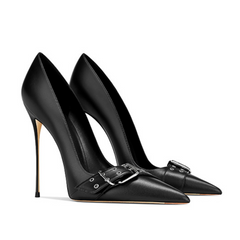 Black Pumps Women's Faux Leather Pointed-Toe Metal Buckle Stiletto Heel Sandals