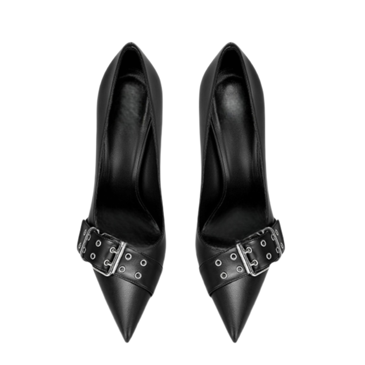 Black Pumps Women's Faux Leather Pointed-Toe Metal Buckle Stiletto Heel Sandals