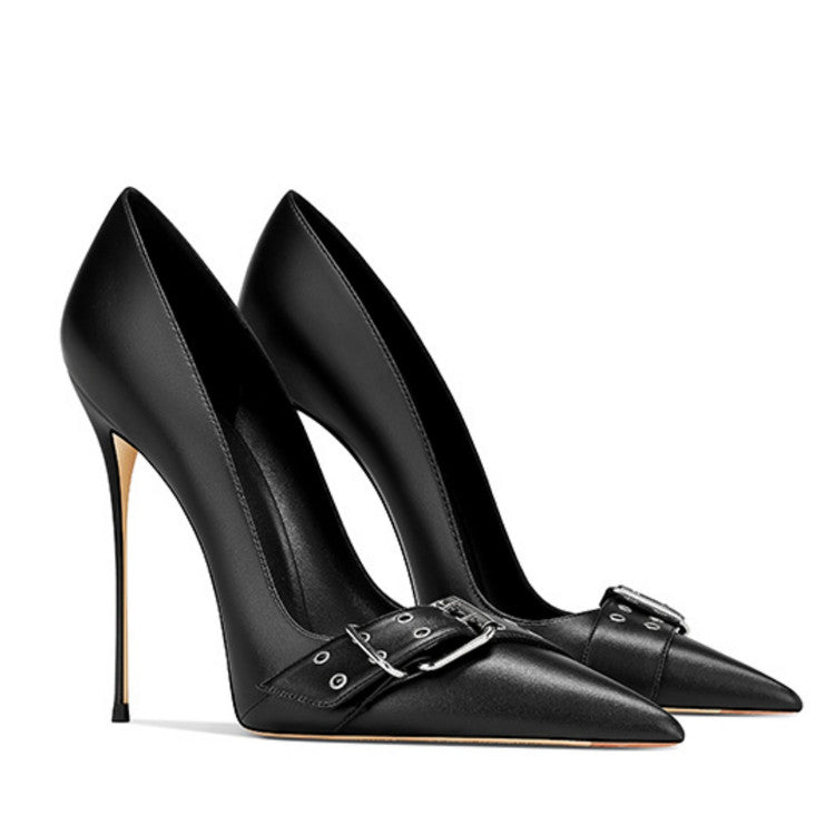 Black Pumps Women's Faux Leather Pointed-Toe Metal Buckle Stiletto Heel Sandals