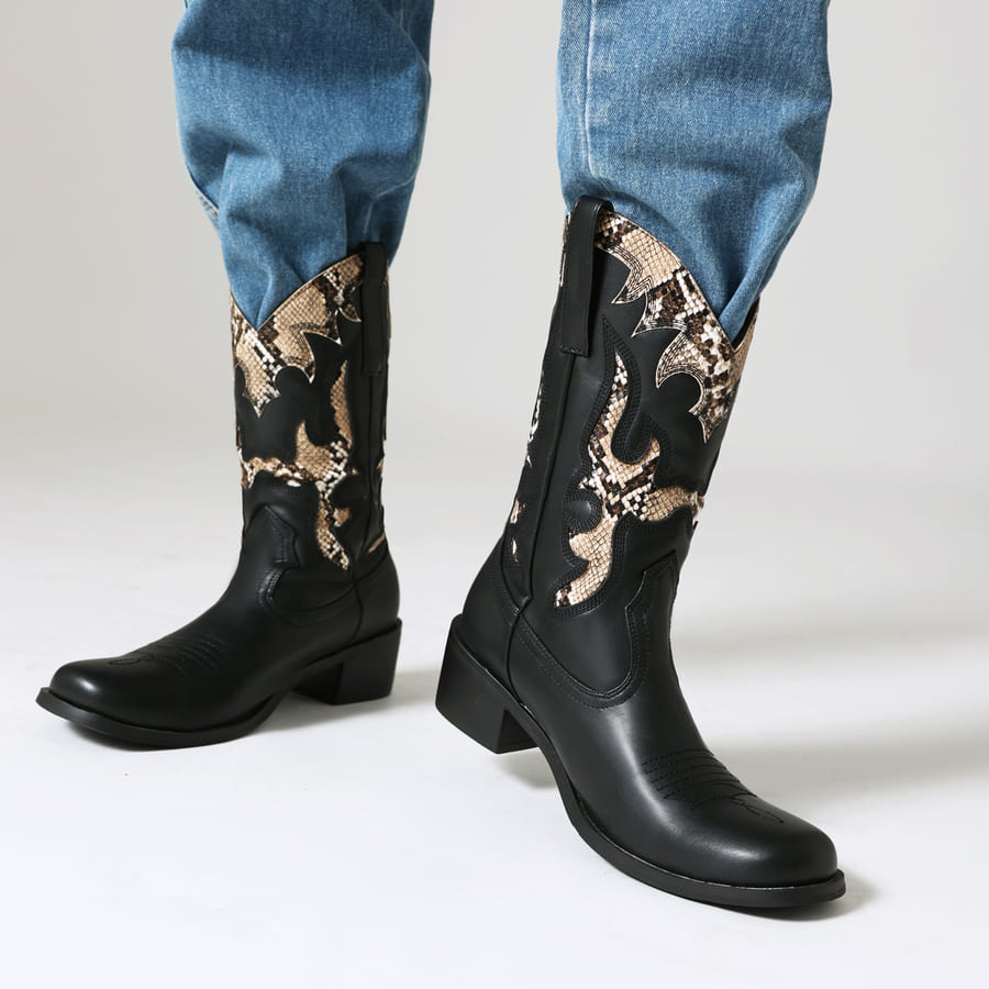 Bottes de cowboy mi-mollet noires à bout rond et talon bloc brodé