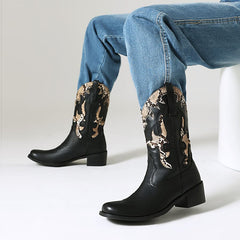 Bottes de cowboy mi-mollet noires à bout rond et talon bloc brodé