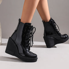 Black Round Toe Wedge Heel Platform Lace-up Mojo Booties