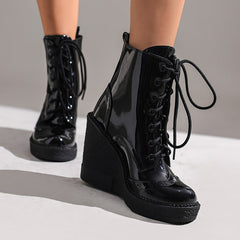 Black Round Toe Wedge Heel Platform Lace-up Mojo Booties