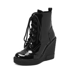 Black Round Toe Wedge Heel Platform Lace-up Mojo Booties