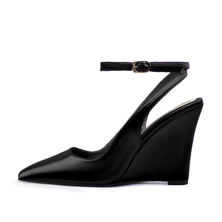 Black Satin Pointed-Toe Buckle Wedge Sandals for Women