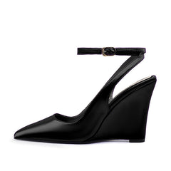 Black Satin Pointed-Toe Buckle Wedge Sandals for Women