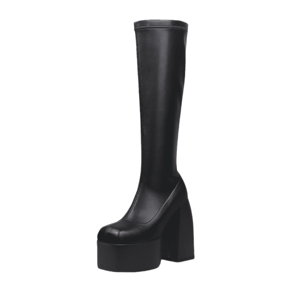 Schwarze kniehohe Stiefel mit 6 Zoll Blockabsatz und quadratischer Zehenpartie für den Winter