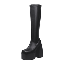 Schwarze kniehohe Stiefel mit 6 Zoll Blockabsatz und quadratischer Zehenpartie für den Winter