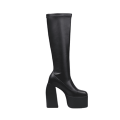 Schwarze kniehohe Stiefel mit 6 Zoll Blockabsatz und quadratischer Zehenpartie für den Winter