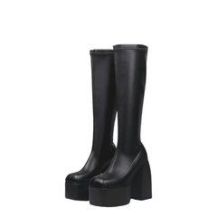 Schwarze kniehohe Stiefel mit 6 Zoll Blockabsatz und quadratischer Zehenpartie für den Winter