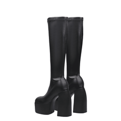 Schwarze kniehohe Stiefel mit 6 Zoll Blockabsatz und quadratischer Zehenpartie für den Winter