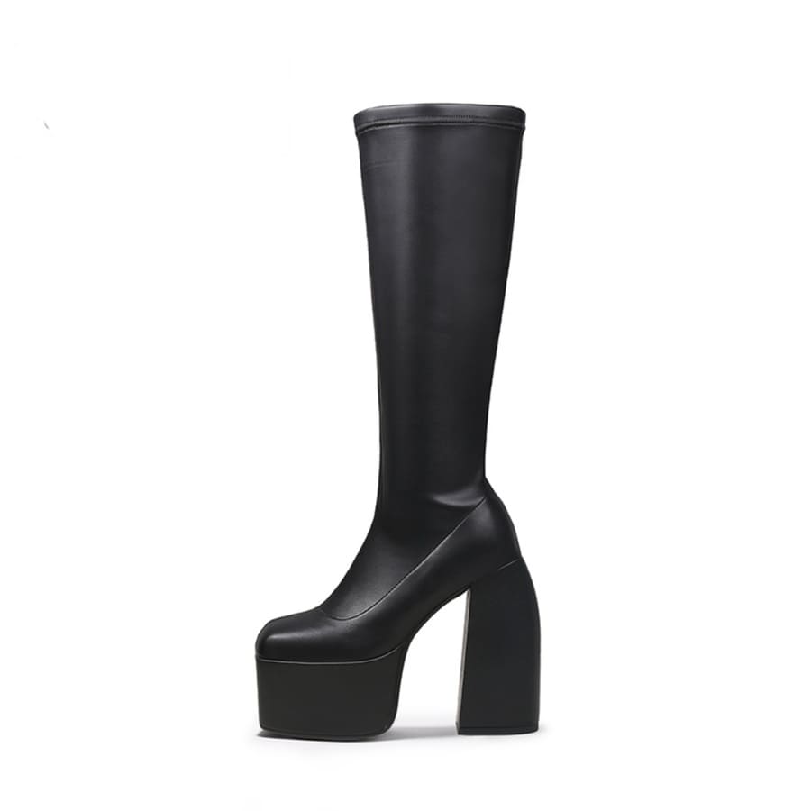 Schwarze kniehohe Stiefel mit 6 Zoll Blockabsatz und quadratischer Zehenpartie für den Winter