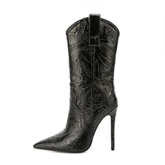 Bottes mi-mollet western noires à talon aiguille et fleur dorée