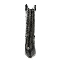 Bottes mi-mollet western noires à talon aiguille et fleur dorée