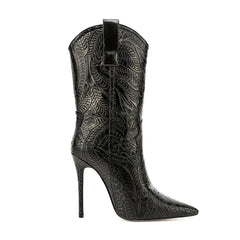 Bottes mi-mollet western noires à talon aiguille et fleur dorée