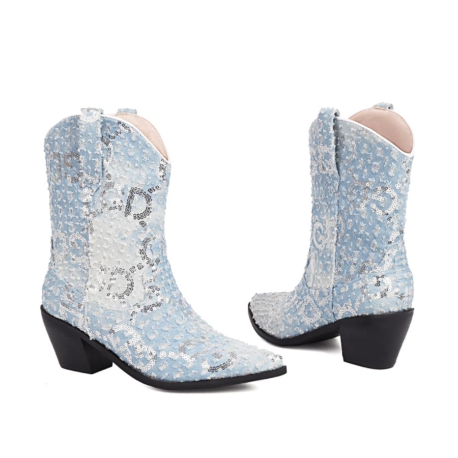 Blaue Cowboystiefeletten aus Denim mit spitzer Zehenpartie und Blockabsatz