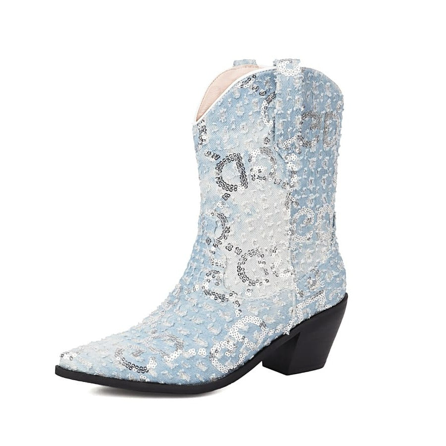 Blaue Cowboystiefeletten aus Denim mit spitzer Zehenpartie und Blockabsatz