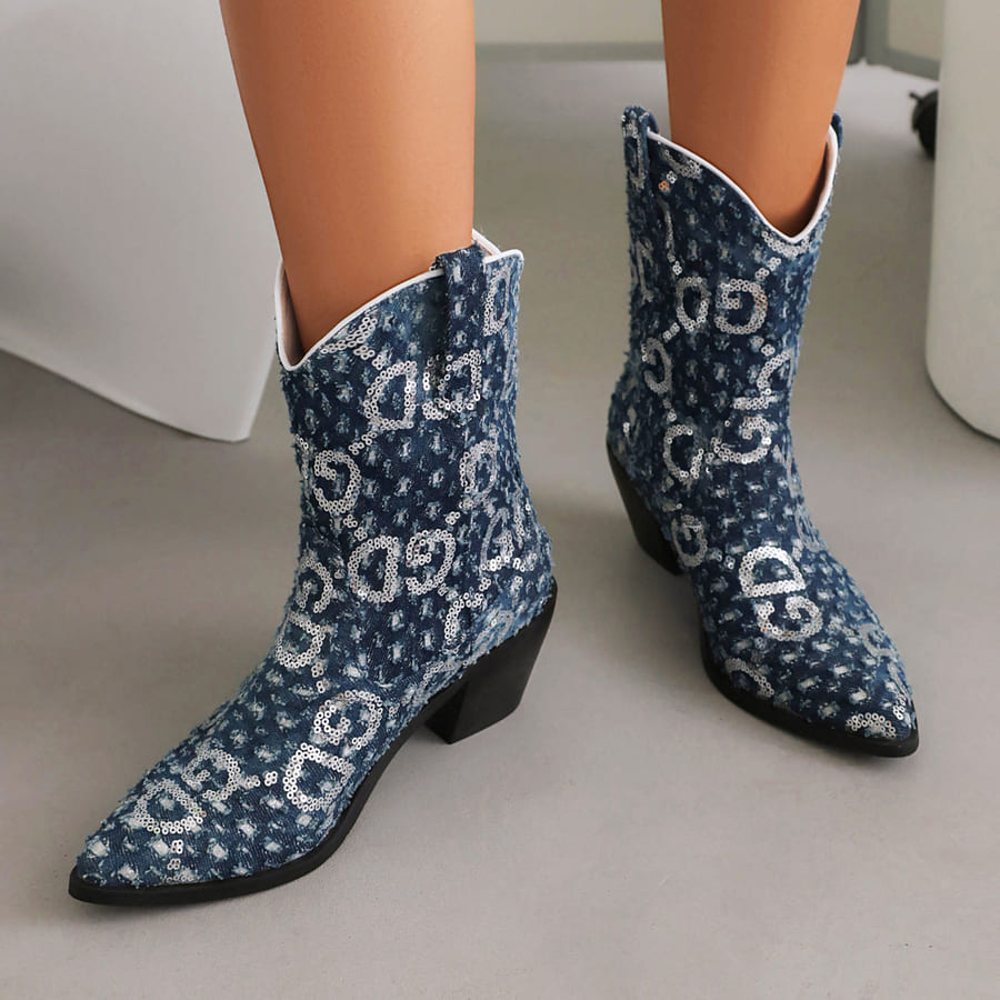 Blaue Cowboystiefeletten aus Denim mit spitzer Zehenpartie und Blockabsatz