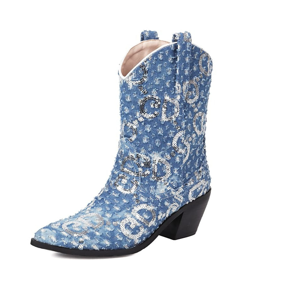 Blaue Cowboystiefeletten aus Denim mit spitzer Zehenpartie und Blockabsatz