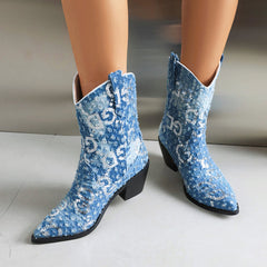 Blaue Cowboystiefeletten aus Denim mit spitzer Zehenpartie und Blockabsatz