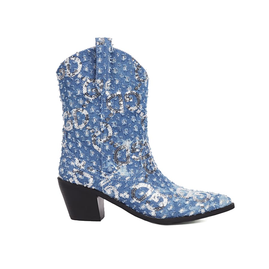 Blaue Cowboystiefeletten aus Denim mit spitzer Zehenpartie und Blockabsatz