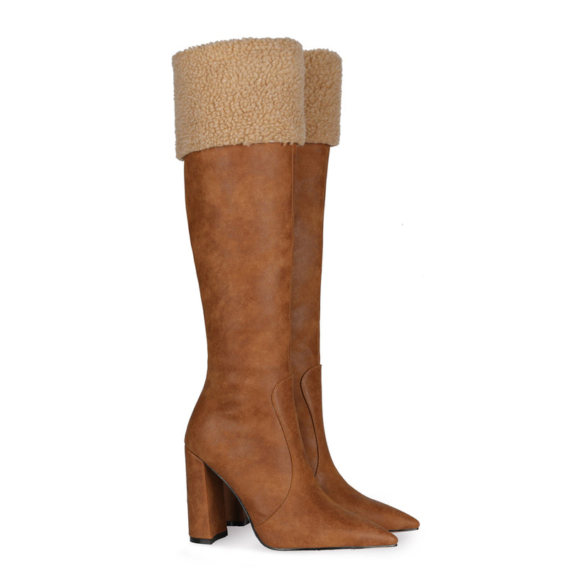 Brown Pointed Toe Chunck Heel Knee High Boots