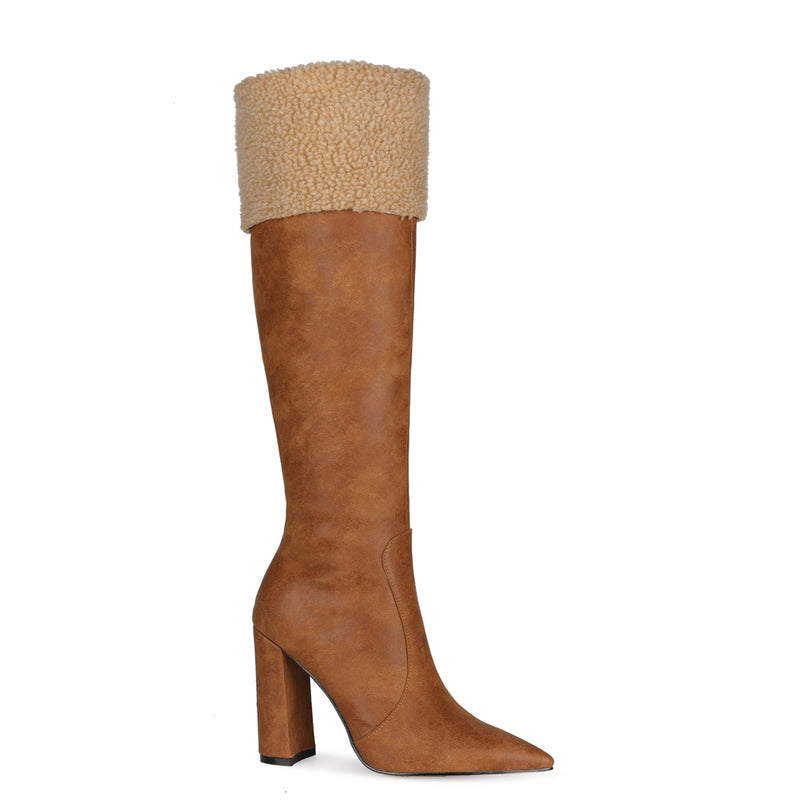 Brown Pointed Toe Chunck Heel Knee High Boots