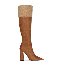 Brown Pointed Toe Chunck Heel Knee High Boots