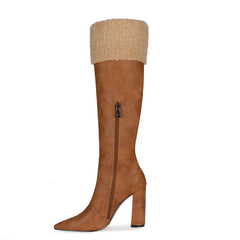 Brown Pointed Toe Chunck Heel Knee High Boots