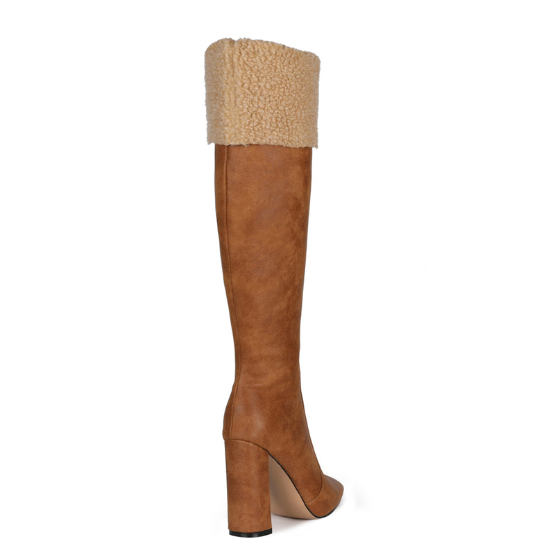 Brown Pointed Toe Chunck Heel Knee High Boots