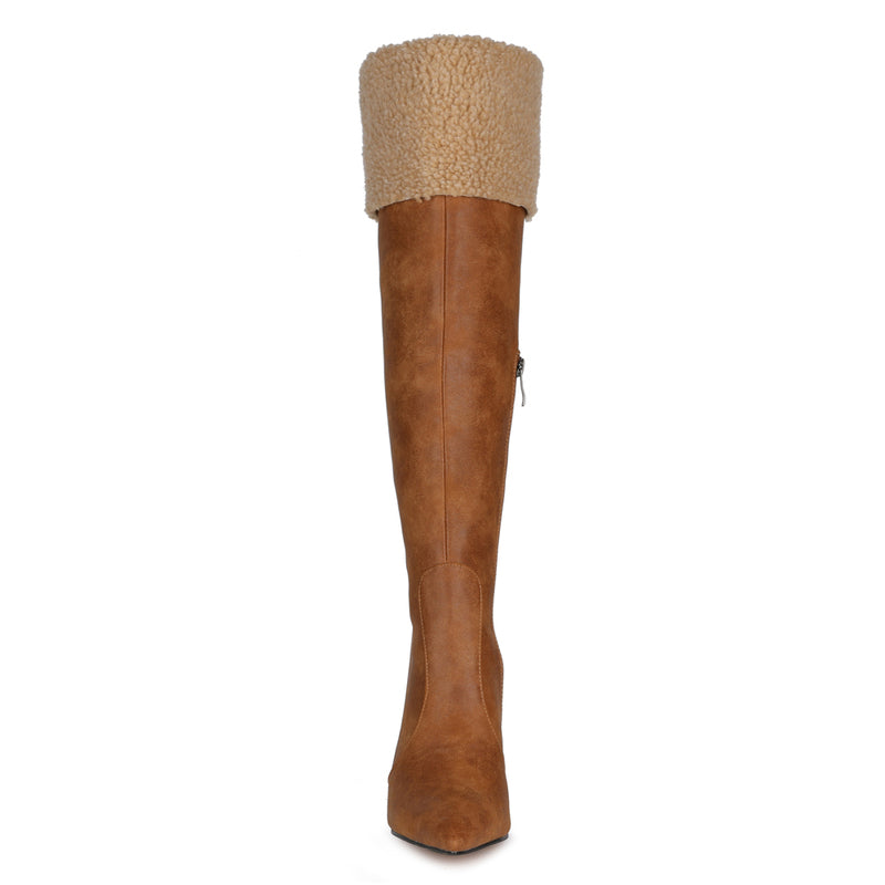 Brown Pointed Toe Chunck Heel Knee High Boots